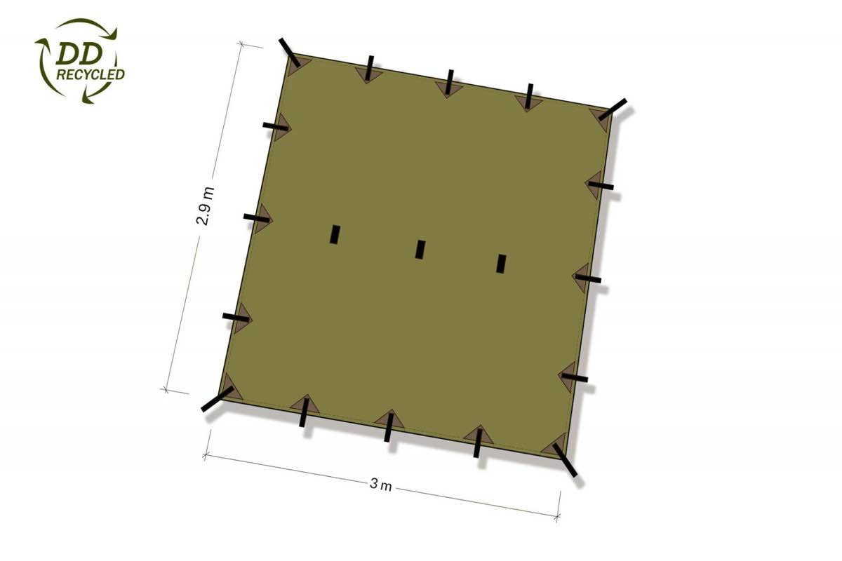 DD Hammocks Recycled Tarp 3 olive drab. Tarp på 3 x 2,9 m. 19 fastspændingspunkter.