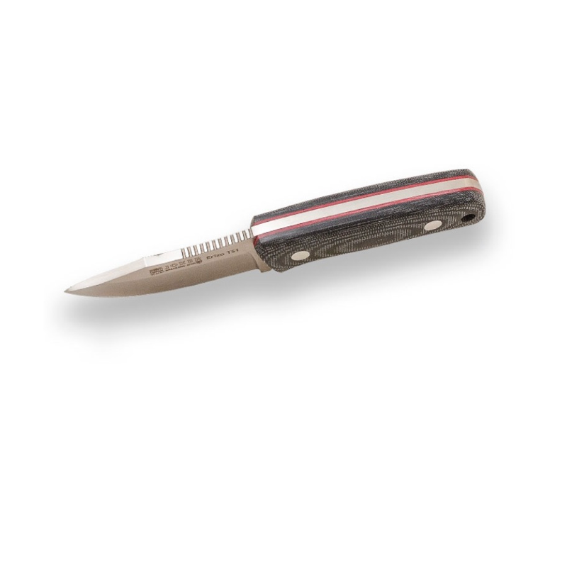 Joker Erizo TS1 – Jagt- og survival kniv med ildstål. Böhler stål, skæftet i sort micarta med rød liner.