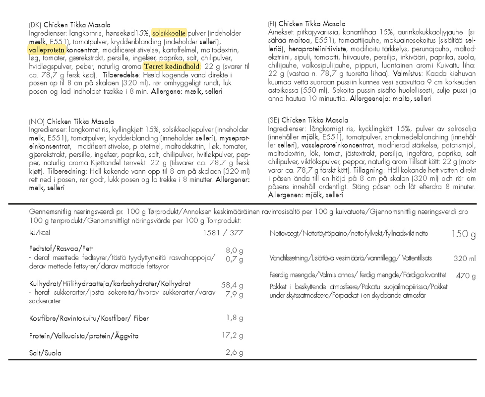 Kylling Tikka Masala med Ris - Trek'n Eat - Glutenfri -Frysetørret mad til friluftsliv og hjemmeberedskab