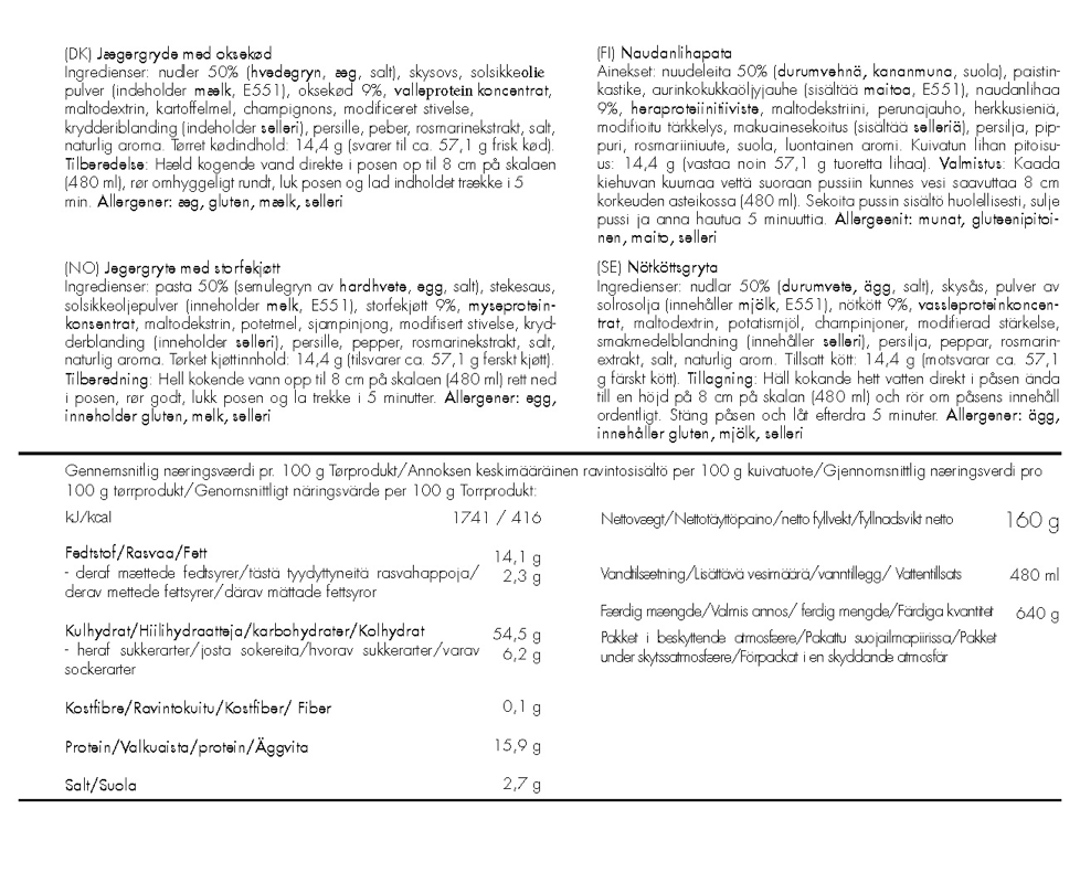 Jægergryde med oksekød og nudler – Trek'N Eat – Frysetørret mad til friluftsliv og nødberedskab. 5 års holdbarhed.