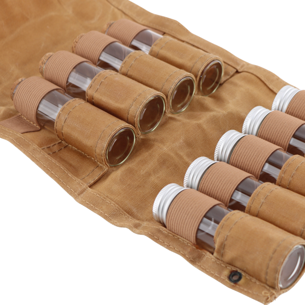 Krydderiglas sæt med opbevaringstaske i vokset kanvas 9 stk brun