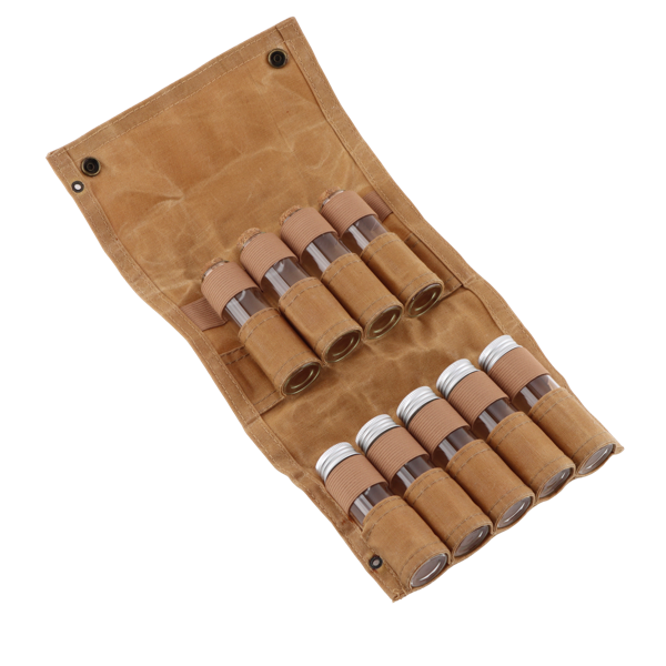 Krydderiglas sæt med opbevaringstaske i vokset kanvas 9 stk brun