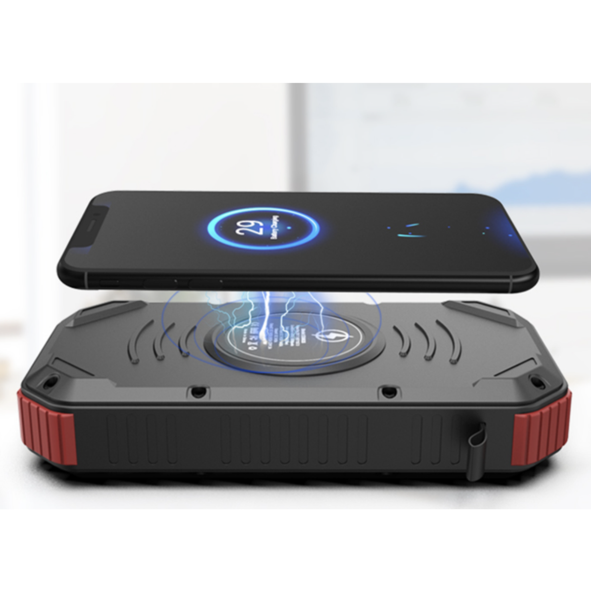 Solcelle Powerbank 30000mAh - Vandafvisende - 4 USB porte - Trådløs opladning - USB C - Lommelygte