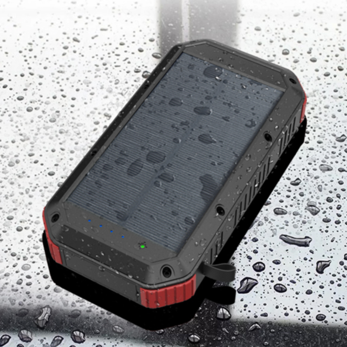Solcelle Powerbank 30000mAh - Vandafvisende - 4 USB porte - Trådløs opladning - USB C - Lommelygte