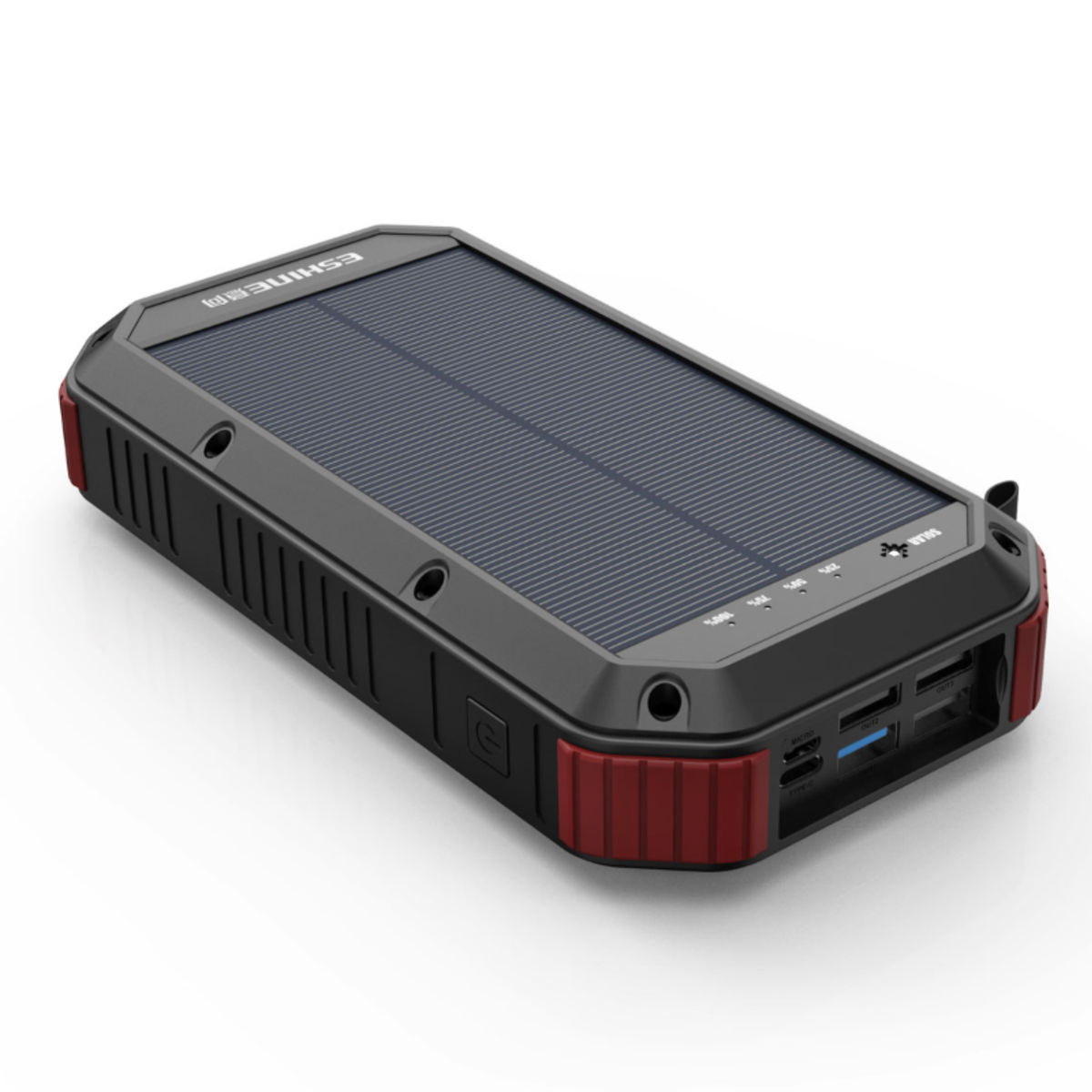 Solcelle Powerbank 30000mAh - Vandafvisende - 4 USB porte - Trådløs opladning - USB C - Lommelygte