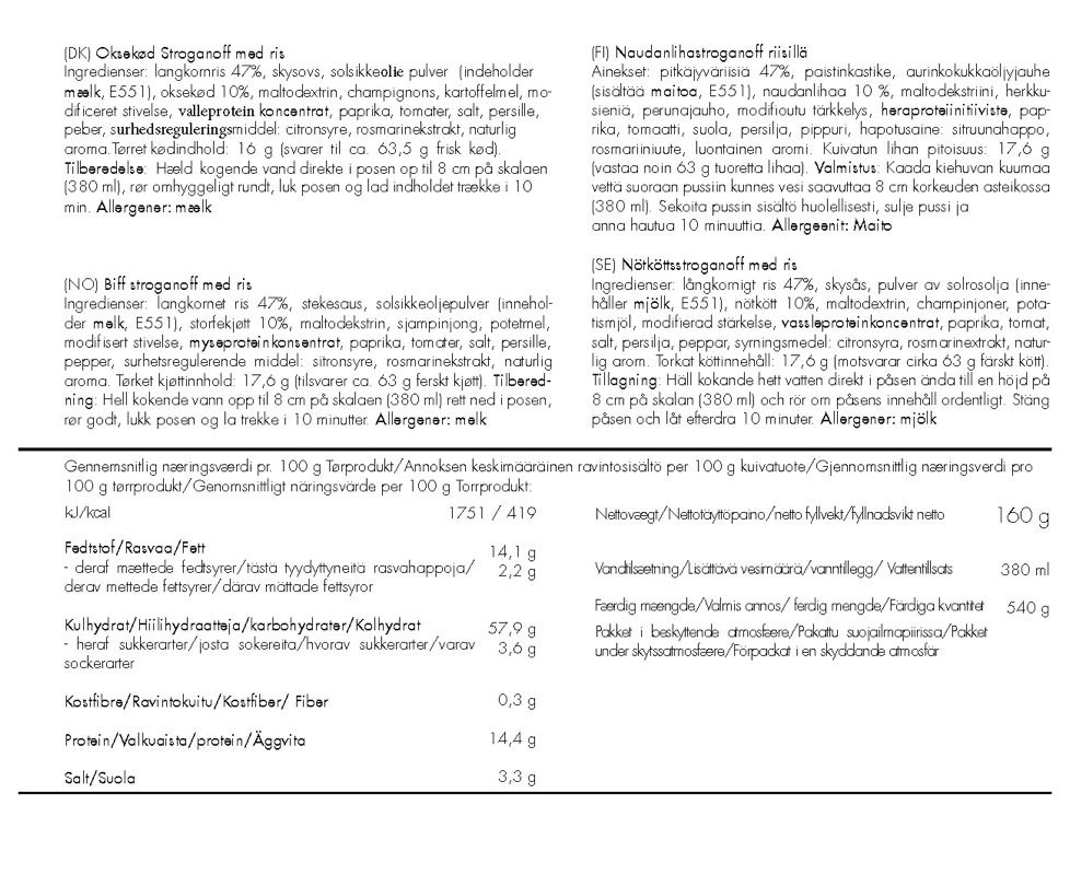 Trek'N Eat Bøf Stroganoff med ris – Glutenfri - Frysetørret mad til friluftsliv og nødberedskab