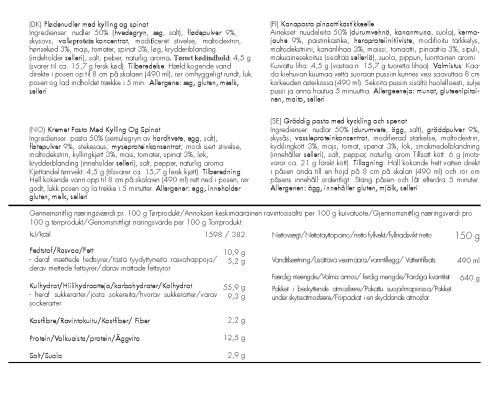 Trek´N Eat Flødenudler med kylling og spinat - Frysetørret mad til friluftsliv og nødberedskab