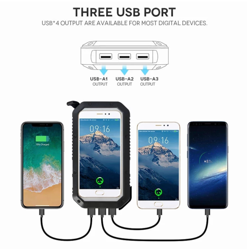 solcelle powerbank med trådløs opladning og opladning af 3 devices