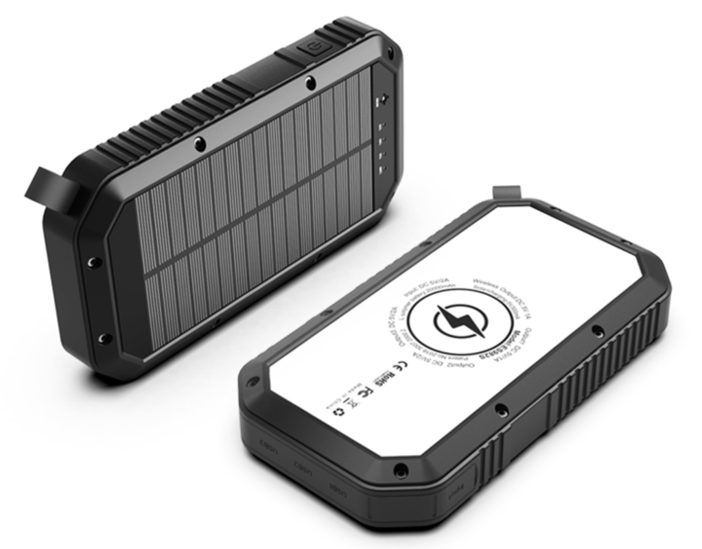 solcelle powerbank med trådløs opladning og lampe