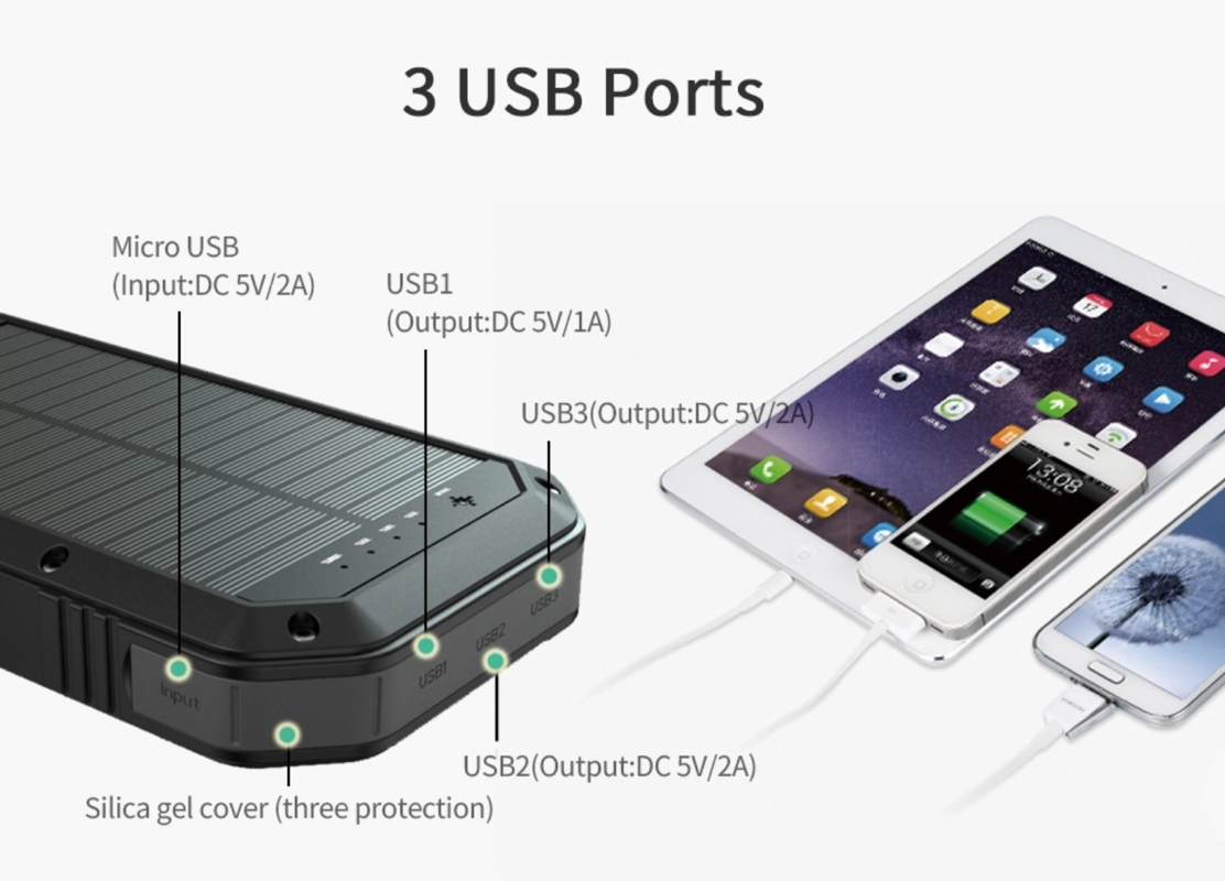 solcelle powerbank 20.000 med trådløs opladning og opladning af 3 devices samtidig
