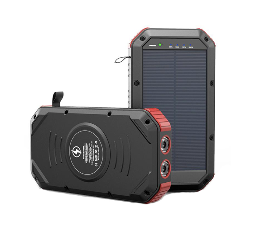Solcelle Powerbank 30000mAh - Vandafvisende - 4 USB porte - Trådløs opladning - USB C - Lommelygte