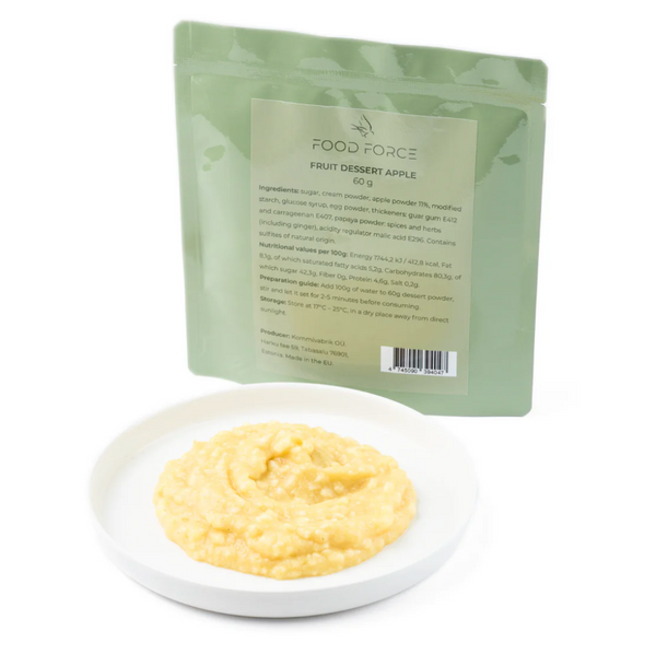 Frugt dessert med æble fra Food Force. Langtidsholdbar mad til feltrationer.