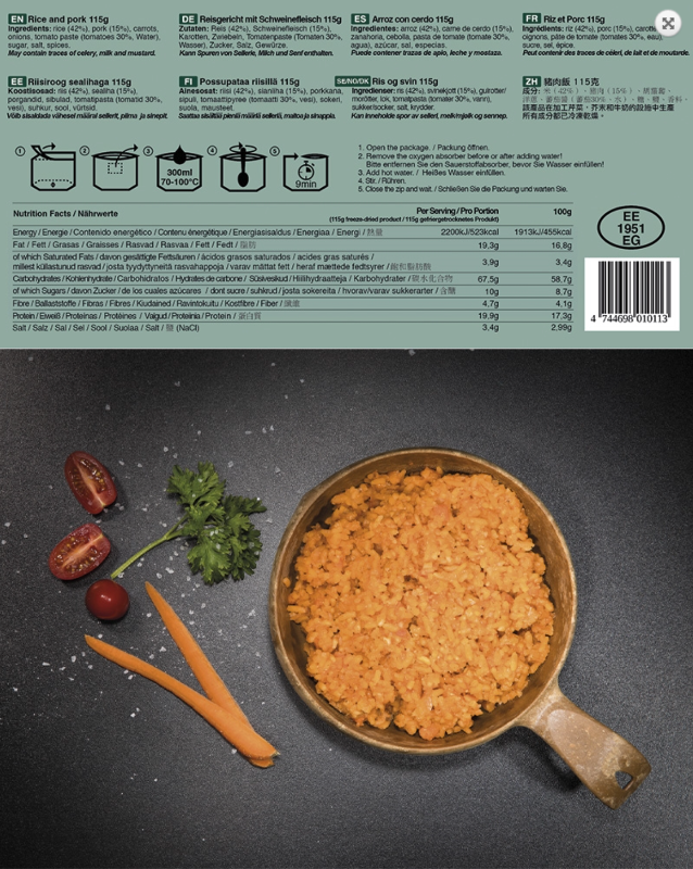 Frysetørret Mad Turmad svinekød med Ris i tomat Tomat Tactical Foodpack Rice and Pork